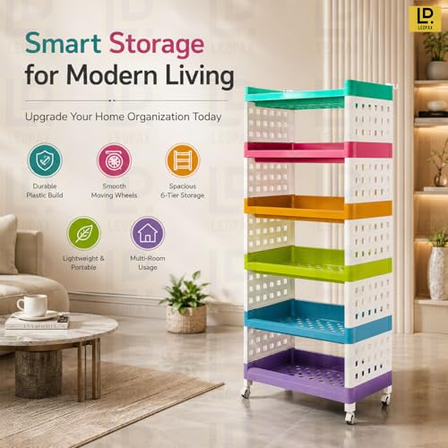 Image of LEOPAX 6 Layers Plastic Rolling Storage Rack | Multipurpose Stackable Storage Rack with Wheels for Kitchen Laundry Room Bathroom Office Home - Multicolor (50 x 30 x 117cm)