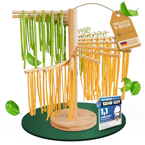 Purewood® Nudeltrockner aus Holz, Pastatrockner, Nudelständer zum Trocknen, für selbstgemachte Pasta aus der Nudelmaschine, inkl. E-Book mit Teiggrundlagen, hochwertig und robust, einfach verstaubar.
