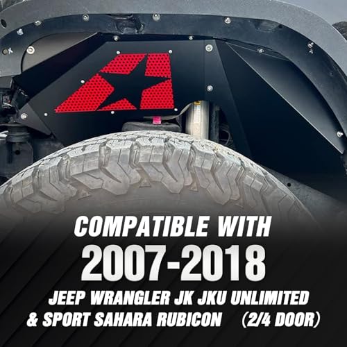 Image of SUORTO Slanted Red Star Front & Rear Inner Fender Liners Compatible with 2007-2018 Jeep Wrangler JK & JKU Unlimited Sport Sahara Rubicon, Steel Mud Guards Wheel Well Cover Fenders Flares