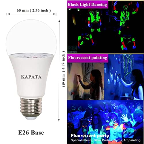 Kapata A19 Led Black Light Bulb 12W ( 100 Watt Equivalent ) E26 Blacklight Bulb Level 395-400Nm , Glow In The Dark Party For Body Paint , Fluorescent Poster , Blacklights Party , 3-Pack #TOP1