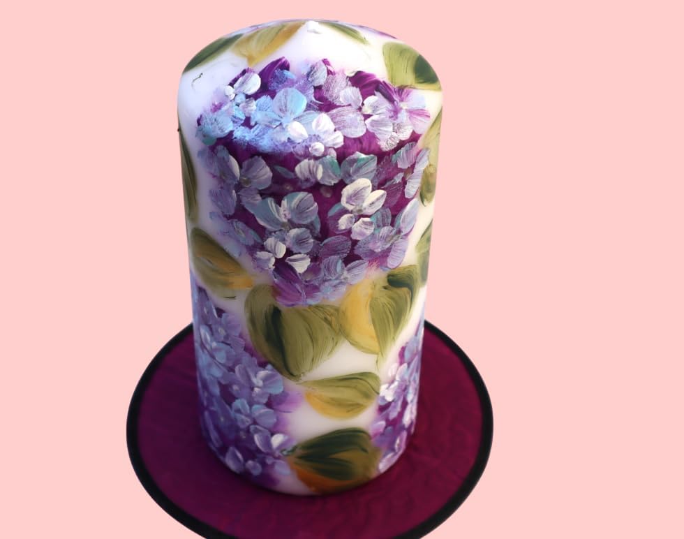 Pretty Decorative Unscented Dripless Romantic Large Tall Decorated White Pillar Flower Candle with Artist Hand Painted Lavender Hydrangeas and Silver Swirls Spring Summer Purple Floral Home Decor