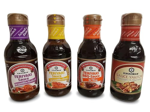 japanische Teriyaki Sauce Marinade Grillsaucen Dippsaucen Dickflüssig 4 x 250ml Glasflasche für Kikkomansaucen