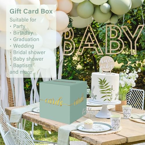Image of 1 Pack Sage Green and Gold Foil Card Box for Party, 8.7 inch Sage Green Gift Card Box Money Box for Birthday, Wedding, Baby Shower, Retirement, Anniversary, Bridal Shower, Raffle Ticket