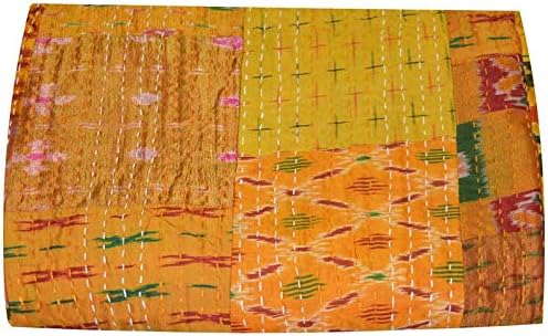 Crafts Creation Patola Silk Patch Kantha Quilt, Kantha Blanket Bedspread, Patch Kantha Throw, Queen Kantha, Kantha Rallies Indian Sari Quilt, Size 90" X 108" 001 (Yellow, Queen 90x108 inch)