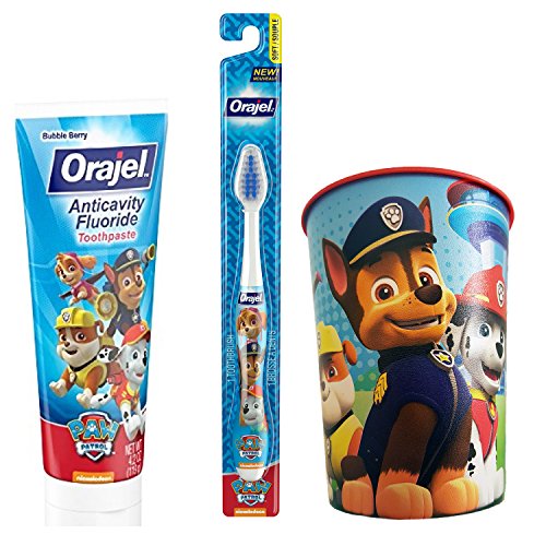 Paw Patrol Kids Toothbrush & Toothpaste Bundle: 3 Items - Orajel Soft Bristle Toothbrush, Orajel Bubble Berry Toothpaste, Character Rinse Cup