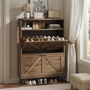 Shoe Cabinet with 2 Flip DrawersShoe Storage Cabinet for EntrywayFreestanding Shoe Cabinet Organizer with Open StorageNarrow Farmhouse Shoe Rack with LegsDark Walnut