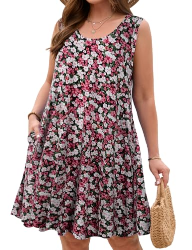 Image of JollieLovin Women Plus Size Curvy Summer Tank Sun Dresses Sleeveless Causal T-Shirt Dress Beach Swing Cover up(L-5X)