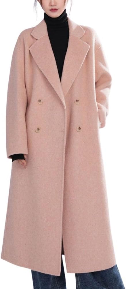 chouyatou Women's Winter Double Breasted Long Wool Coat Notched Lapel Casual Dressy Trench Pea Coat Overcoat