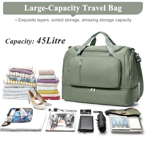 Travel Duffle Bag, Weekender Bags for Women,Carry On Overnight Personal Item Travel Bag with Shoes Compartment,Olive Green3
