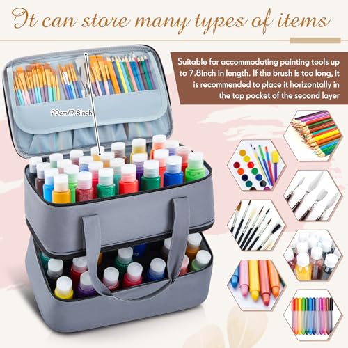 Image of Abbylike Acrylic Paint Organizer Case for up to 56 Bottles (2 Oz) Double Layer Art Supply Storage Bag Alcohol Ink Storage Paint Carry Case with Foam Insert and Inner Pocket(Gray)