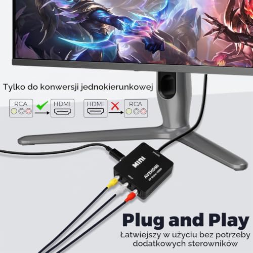 Konwerter RCA na HDMI, adapter AV na HDMI, 1080P CVBS, kompozytowy konwerter audio-wideo z kablem zasilającym USB, do kamery, PS2, SNES, VHS, Xbox, PS4, TV, DVD i Wii, obsługa PAL/NTSC