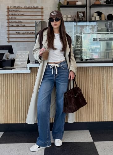 Image of Sidefeel Women's High Waisted Straight Leg Jeans Drawstring Denim Pants