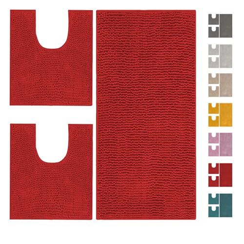 Home Tresor Parure Tappeti Bagno Set 3 Pezzi per Wc e Bidet, Tappeto Microfibra Morbido Antiscivolo Assorbente Giro Water - Bordeaux
