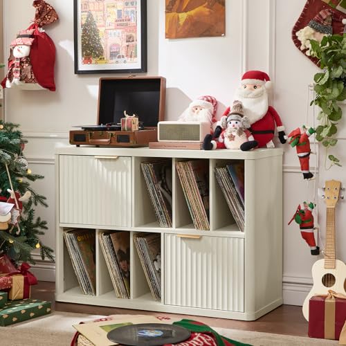 Image of LEYAOYAO Large Record Player Stand with Vinyl Storage Up to 450 Albums, Wood Fluted Record Storage Accent Cabinet, Modern Stereo Media Cabinets, Wide Turntable Stand for Living Room, Antique White