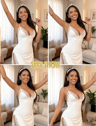 ADOME Womens Lingerie Sexy Nighty Lace Trim Night Gown Chemise Nightgowns for Women Sleepwear with Side Slit White XXXL — view 4