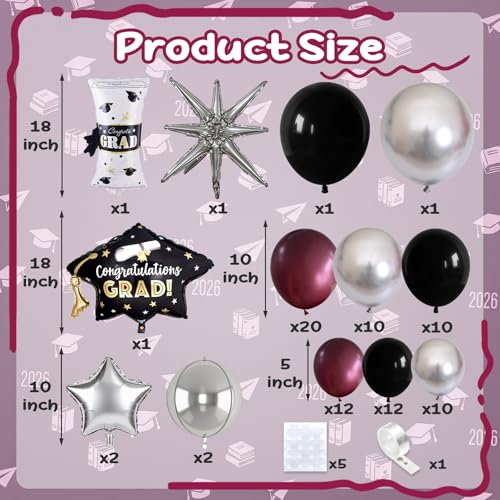 Graduation Balloon Garland Arch Kit, Burgundy and Black Balloons Grad Caps Diplomas Star Foil Balloon Maroon Wine Dark Red Black Silver Latex Balloons for Class of 2026 Congrats Grad Party Decoration by Jobkoo - Used condition - Image 2