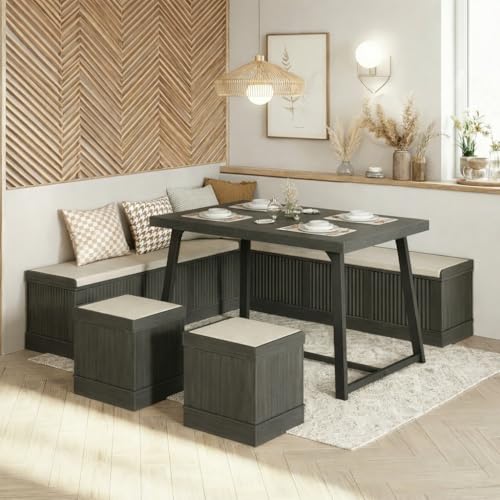 Brafab Corner Dining Table Set 43 Inch Breakfast Nook Table Set with Bench with Hidden Storage & 2 Ottomans 5-Piece Corner Bench Dining Table Set Espresso Brown
