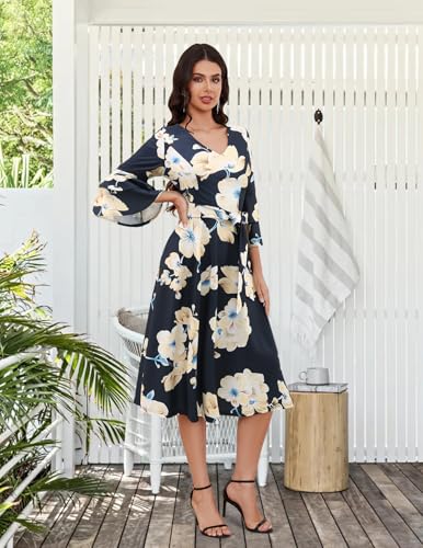 Image of DRESSTELLS Women's Cocktail Dress Summer Wedding Guest Party Vintage 3 /4 Bell Sleeve V Neck A-Line Dress
