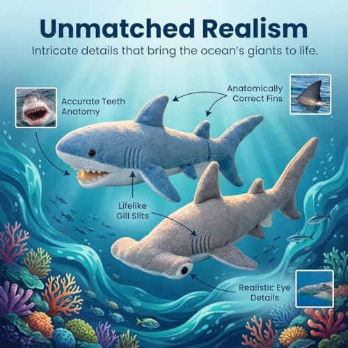 Image of Bedwina Stuffed Animal Sharks - Pack of 2 Large, 14 inch Mako & 13 inch Hammerhead Plush Shark Toys, Stuff Animals Toy, for Baby Toddlers & Kids