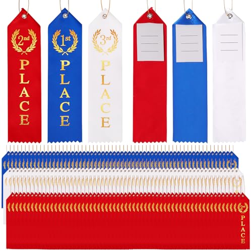 300PCS Award Ribbons, Medal Ribbons for 1st, 2nd, 3rd Place, Event Card & Rope Included,Perfect for Competitions, Sports Events, School Challenges, Vibrant Blue, Red, and White