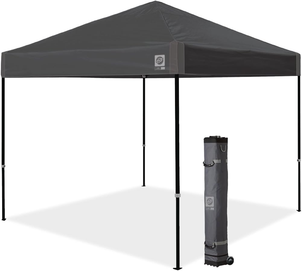 E-Z UP Ambassador Instant Pop Up Canopy Tent, 10' x 10', Roller Bag and 4 Piece Spike Set, Steel Gray