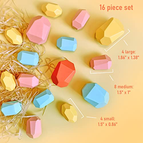 Open Road House Stacking Rocks - Stacking Stones - 16 Pc Wooden Stacking Rocks For Kids - Sorting & Stacking Toys - Balancing Stones - Wooden Stacking Stones - Rock Blocks Kids (Pink Blue Yellow) #TOP1