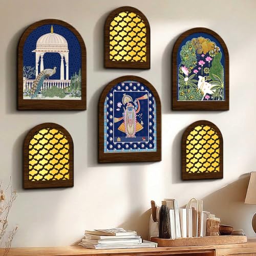 Image of MDF Jharokha Wall Mirror for Home Decor | Traditional Decorative Wall Hanging Jharokha Mirror | Premium Mirrors for Living Room Bedroom Set of 6 (9x12 inch & 7.5x9.5 inch)