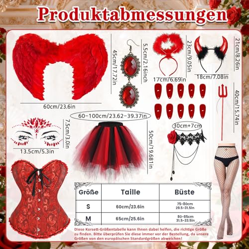 Teufel Kostüm Damen Rot, Rot Engel Kostüm Frau mit Korsett Tüllrock Teufel Flügel Teufelshörner, Engel und Teufel Kostüm Teufelskostüm Faschingskostüme Karneval Kostüm Damen für Fasching Halloween – Bild 2