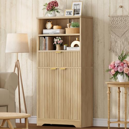 Image of TEENFON Tall Storage Cabinet with Adjustable Shelf & Drawer, Fluted Cabinet with Doors, Kitchen Pantry Cabinets, Bathroom Storage Cabinets, for Living Room, Entryway, Home Office, Natural