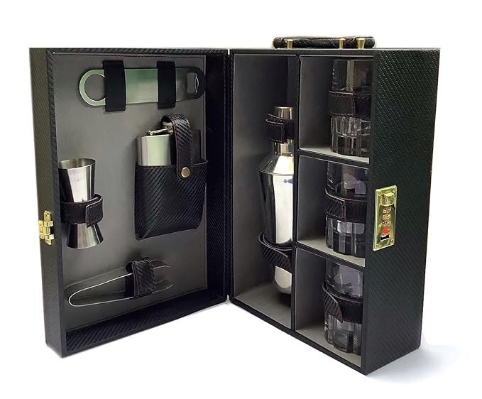 Image of Leather Bar Set | 8Pc | Bartender Kit | Whiskey Glasses | Cocktail Shaker | Portable Bar Accessories Set for Car & Travel | Gift for Men (Black)