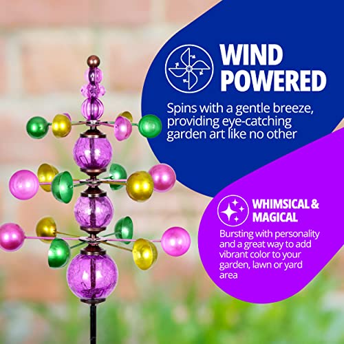 Exhart Wind Spinner, 3 Tier Garden Stake With Glass Crackle Balls, Wind Powered Glass And Metal Outdoor Garden Decor And Yard Art, Purple, 14 X 48 Inch #TOP2