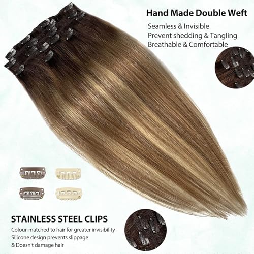 Image of Hair Extensions Clip in Real Human Hair Clip ins Hair Extension Light Brown to Medium Blonde Balayage Remy Human Hair for Women 20 Inch 7Pcs 70g