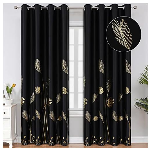Estelar Textiler Blackout Curtains 84 Inches Length Elegant Palm and Wheat Pattern Designed Window Drapes Energy Saving Light Blocking Curtains for Bedroom, 52Wx84L, Black, Set of 2 Panels