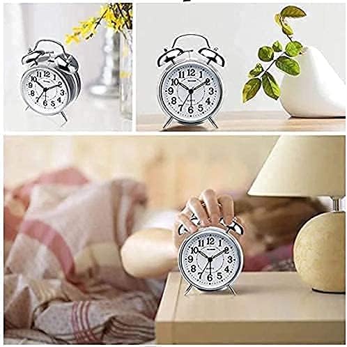 Miniatura 4 de SHENKY Reloj despertador de campana doble de 4 pulgadas sin tictac, esfera 3D con marco de metal con función de retroiluminación, reloj de mesa de