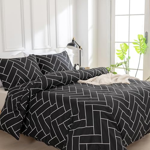 Double Duvet Set, Black Double Duvet Cover Set with Zipper Closure, 3 Piece Bedding Set, Soft Microfibre Polyester Duvet Cover with 4 Corner Ties (200x200cm, Grey)