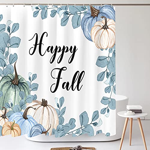 Tititex Happy Fall Pumpkins Shower Curtain Sets, Blue Leaves White Pumpkin Thanksgiving Floral Bathroom Decoration 71X71 Inch With 12 Hooks #TOP2