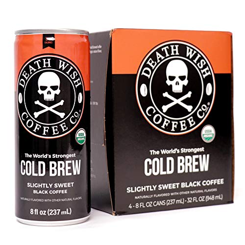 Death Wish Coffee, Cold Brew Cans, The World’s Strongest Coffee, Organic Iced Coffee Drink - 8 Ounces - 300 mg of caffeine - 4 Pack (Slightly Sweetened Black) - Thumbnail 2