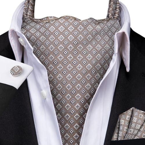 Image of Hi-Tie Silk Ascot for Men Self Tie Men's Cravat and Flower Lapel Pin Handkerchief Cufflinks Set for Wedding Party