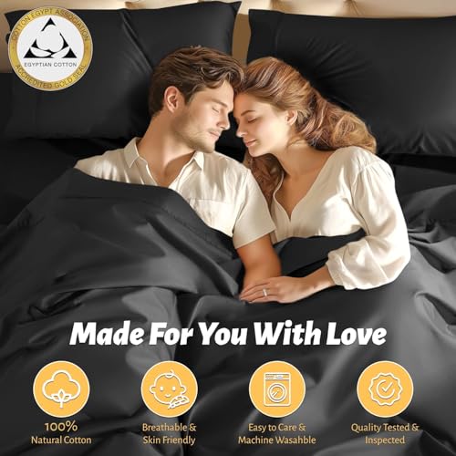 Shilucheng 100% Egyptian Cotton Queen Size Sheets Set - 1000 Thread Count，Luxury Cotton Bed Sheets，Breathable & Cooling Bedding and Pillow Cases, 16 Inch Deep Pocket - 6 Piece (Black, Queen)