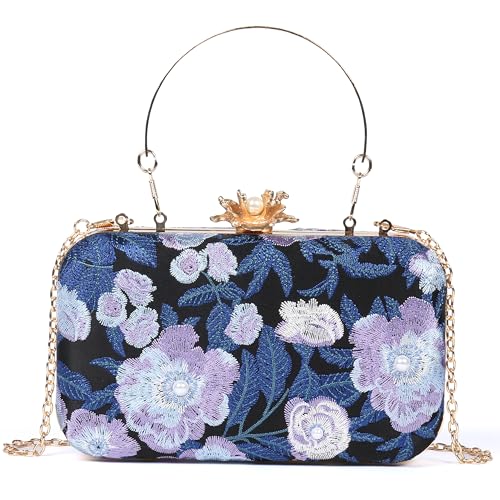 YYIHER ] Bolsa de noite feita à mão com bordado floral vintage para mulheres, festa de casamento, formatura, formal, Azul-escuro
