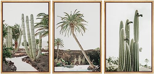 NWT Framed Canvas Print Wall Art Set Emerald Green Cactus Palm Tree Desert Landscape Nature Wilderness Photography Modern Art Decorative Minimalist Floral Botanical for Bedroom - 24"x36"x3 Natural