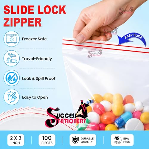 Image of Success Stationery Zip Lock Bags 2 inchx3 inch 100 Pcs - Reusable Transparent Ziplock Pouch for Medicine, Jewellery, Earrings, Pills & Coins - Thick Resealable Zipper Cover