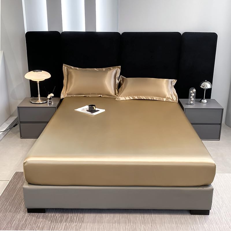 JANEMUA No Ruidoso Y Transpirable Protector De Cama Topper con Correas Elásticas, De Seda De Color Sólido Funda De Colchón, Impermeable Pad Protect-Golden||2Pillowcase