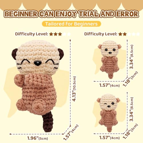 Image of Mewaii Crochet Kit for Beginners Level 1 with 40% Extra Eco-Friendly Pre-Started Easy Yarn, Step-by-Step Video Tutorials for Adults and Kids (3 Pack Sea Otter Family)