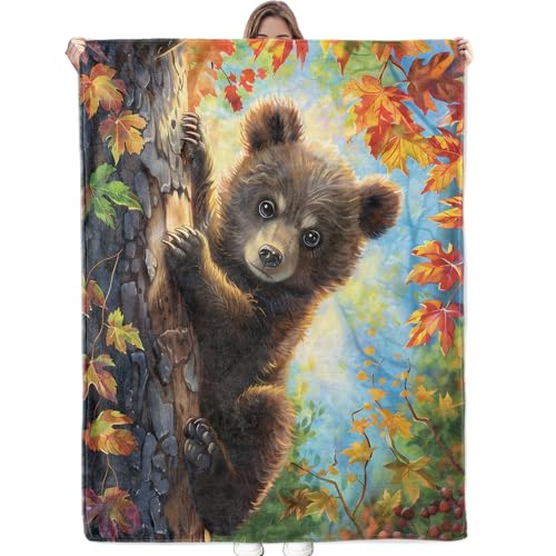 Bidesk Cute Bear with Maple Leaf Blanket Soft Flannel Throw Blanket, Cozy & Warm Yet Lightweight Blankets for Travel, Couch, Bed, for Men Women Adults, Fuzzy Outdoor Comfort Wrap 60"×50"
