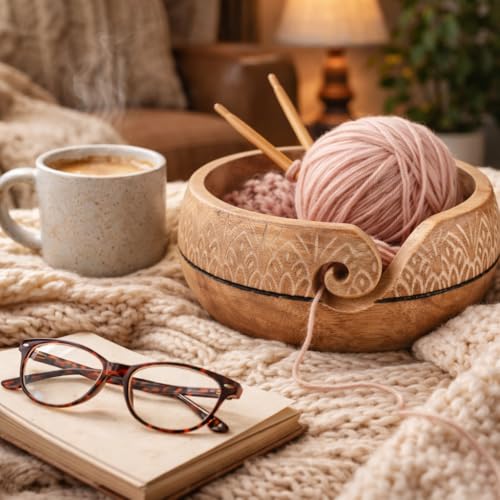 Image of Mothers Day Gifts Wooden Yarn Bowl Knitting Bowl Large Crochet Yarn Holder YB02 Handmade Crocheting Accessories and Supplies Organizer 7 x 3 (Design 5)