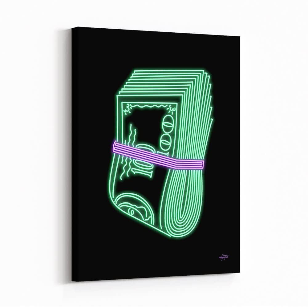 Inktuitive Neon Wad 100 Dollar Bill Money Inspirational Canvas Wall Art | Motivational Decor for Bedroom, Living Room & Business Office | 40 x 30 Inches