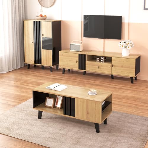 Merax Ensemble de meubles de salon 3 pièces avec table basse, meuble TV et buffet, design moderne en bois et noir, buffet avec éclairage LED, beaucoup...