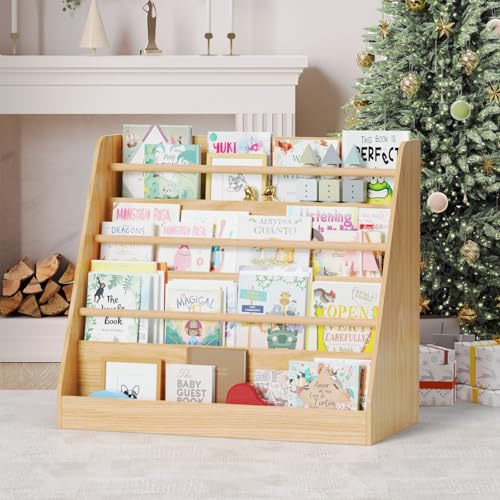 Image of Lkeiyay Montessori 4-Tier Front Facing Kids Bookcase, Natural | 4-tier front-facing Montessori rack with 3 solid beech rods & rounded edges, kids picture book storage for nursery, playroom