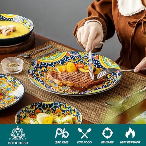 vancasso Dinner Sets for 6 People, Simi Dinnerware Dish Set Artisanal Pieces with 10.5in Dinner Plate, 8.5in Dessert Plate, 780ml Pasta Bowl and 950ml Cereal Bowl, Boho Colourful Tableware